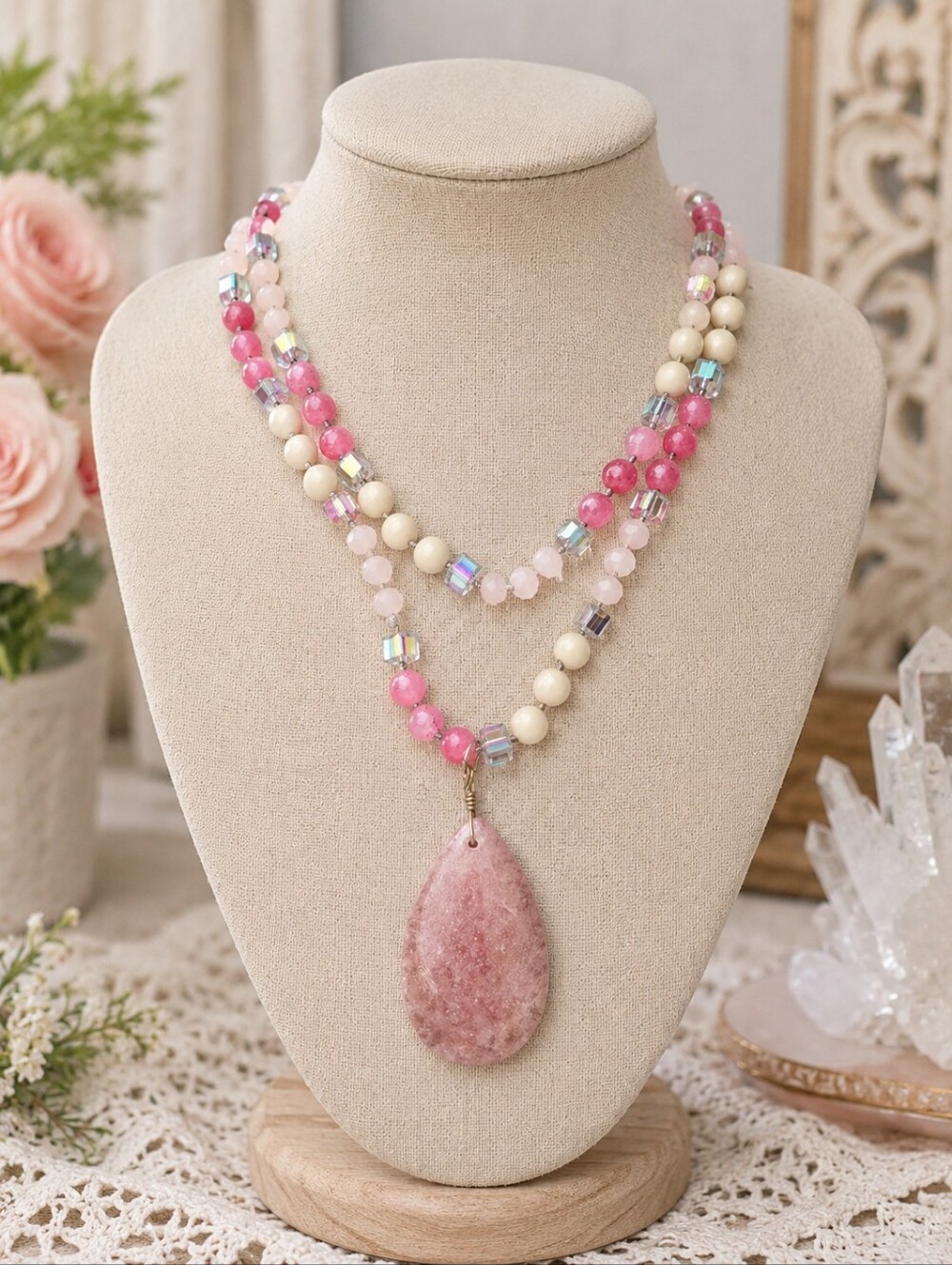 Handmade Strawberry Quartz Teardrop Pendant Pink Beaded Necklace Boho